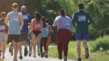 Wide Shot Back View of Diverse Marathon Participants Competing in a Race for the Finish Line: Group of People Running Through Park Health Trail and Participating in a Marathon with Dedication