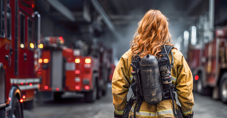 Fototapeta na wymiar A courageous female firefighter in her uniform and gear, standing proudly amidst emergency rescue trucks with copy space. AI genrative
