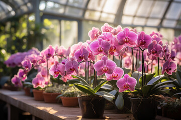 An elegant photograph showcasing a display of exquisite orchids in a greenhouse, capturing their delicate beauty and vibrant colors Generative AI