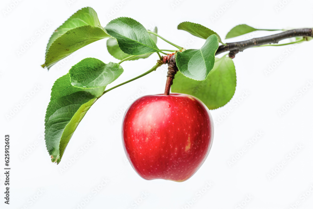 Wall mural close-up of a red apple hanging on a twig with leaves isolated on white background. ai generative