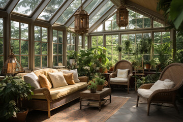 Fototapeta premium the interior design elements of a greenhouse, with stylish seating, decorative accents, and lush greenery creating a tranquil space Generative AI
