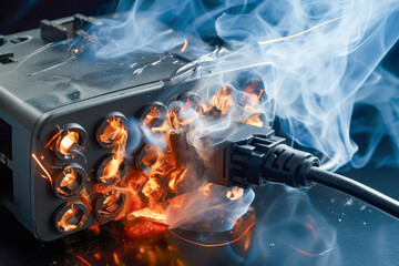 Smoking power cord. Electrical short cicruit danger concept. AI generative
