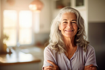 Portrait of a self confident and glamorous woman in her 60s with beautiful white natural hair at home, interior background