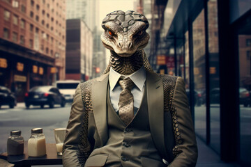 angry businessman snake, Portrait of a snake in a stylish business suit. - 625913040
