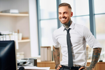 businessman with tattoos in a an office - 625913070
