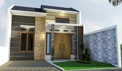 Minimalist house facade design with natural stone wall ornaments, evening exterior rendering scene