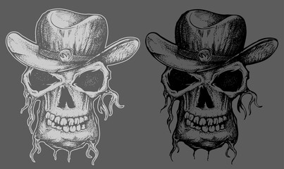 Cowboy skull wearing hat hand draw illlustration isolated on grey background