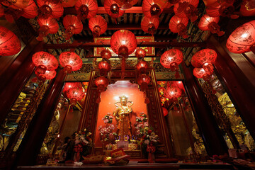 Guan Yin shrine and red Chinese lanterns - 625913666