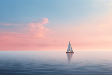 Single sailing boat that sails on the wide and calm ocean - obrazy, fototapety, plakaty