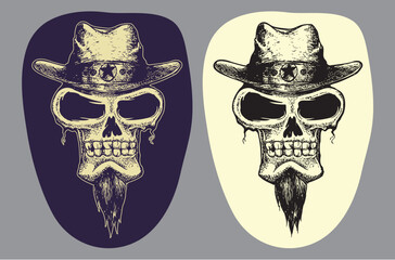 set of skull wearing cowboy hat isolated on grey, hand drawing style