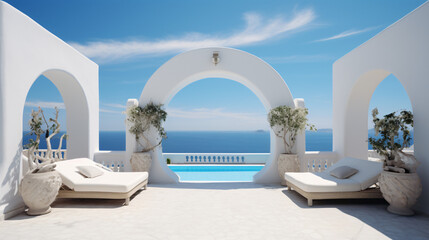 Obraz na płótnie Canvas Two sunbeds on white terrace with arch