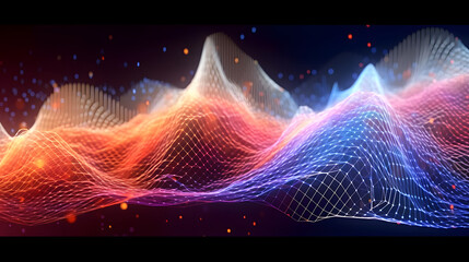 Abstract digital data background. Golden and neon color. Wave with moving dots. Musical stream of sounds. 3D rendering technology. Generative Ai