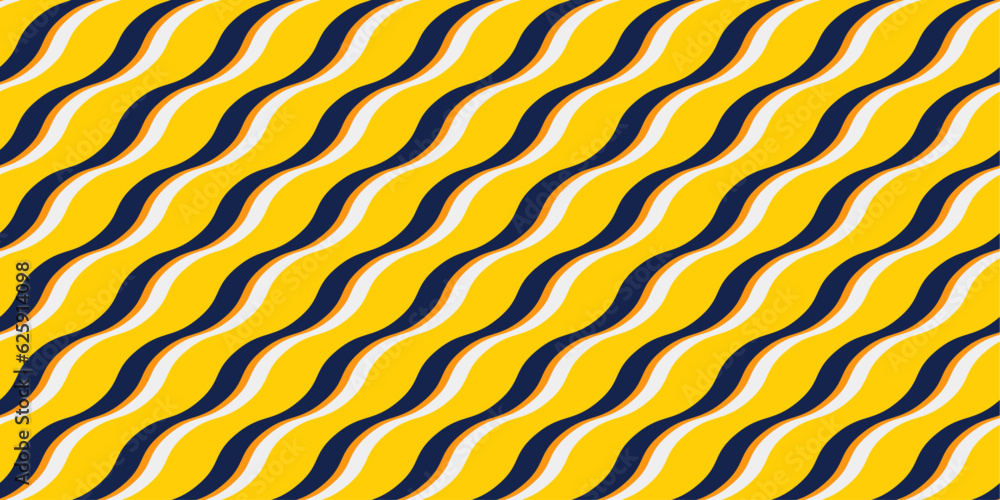 Poster Color curly seamless ribbons. Vector pattern of repeating colored stripes, slightly wavy. Bright yellow background of diagonal stripes.