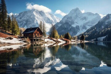 Naklejka premium Tranquil Alpine Lake Scene: Small House and Mountains. Generative AI