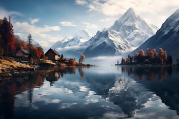 Tranquil Alpine Lake Scene: Small House and Mountains. Generative AI