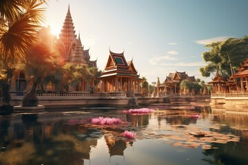 Serene Cambodia Temple and River Landscape. Generative AI