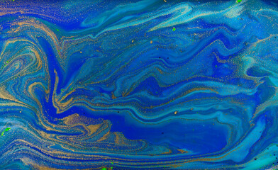 Gold and Blue Marble Liquid Pattern.