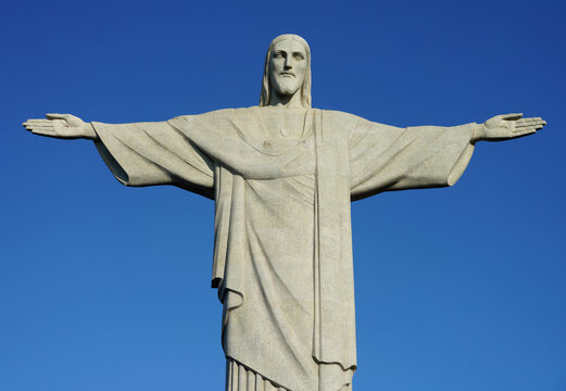 Statue of Christ the Redeemer agaist blue sky on Corcovado mountain, Rio de Janeiro, Brazil
