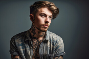 Young man hairstyle and tattoos, looking pensive and self confident, neutral background