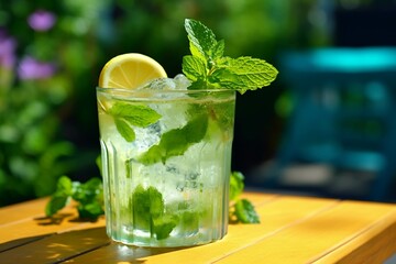 Mojito cocktail with lemon, mint and ice on wooden background