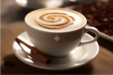 Cup of cappuccino with cinnamon on wooden table