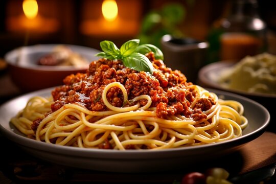 Spaghetti bolognese with tomato sauce and basil on black background