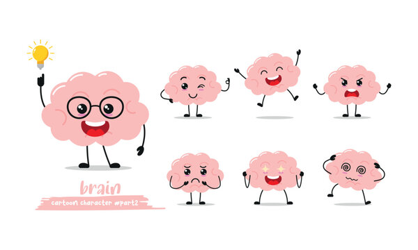 cute brain cartoon with many expressions. different activity pose vector illustration flat design.
