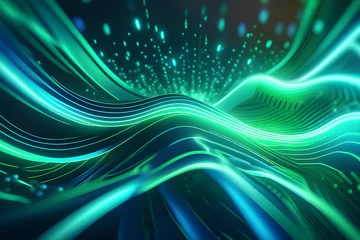 Fotobehang abstract futuristic background with green blue glowing neon moving high speed wave lines and bokeh lights. Data transfer concept Fantastic wallpaper. generative AI © 지현 김