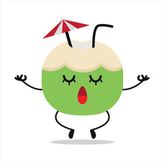 Cute relax slice coconut character. Funny yoga coconut cartoon emoticon in flat style. fruit emoji meditation vector illustration