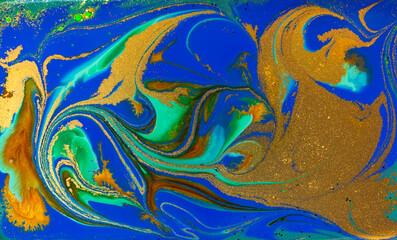 Fototapeta na wymiar Blue, Green and Gold Ebru Pattern Imitation