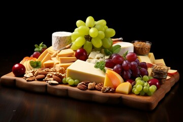 Cheese platter with grapes, nuts and honey on wooden table