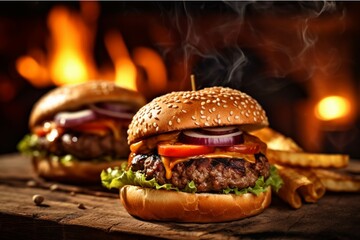 Two hamburgers in front of a fireplace. Close up.