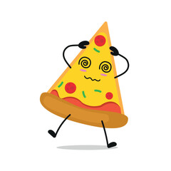 Cute dizzy pizza character. Funny drunk pie cartoon emoticon in flat style. food emoji vector illustration