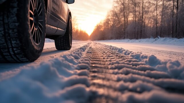 Winter tires in the snow. Generative AI.