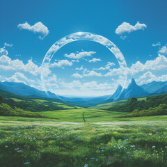 landscape with mountains and clouds, the circle over meadows and mountain in bright blue sky by generative AI.