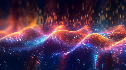 Fototapeta premium Abstract digital data background. Golden and neon color. Wave with moving dots. Musical stream of sounds. 3D rendering technology. Generative Ai