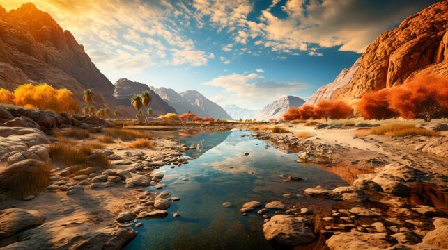 Desert mountain and oasis lake with sunrise light. Generative AI