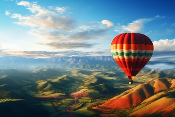 A captivating shot of a vibrant hot air balloon floating gracefully above rolling hills, a dreamer's adventure.