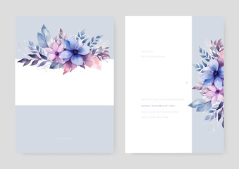 Floral wedding invitation template set with flowers and leaves decoration. Foliage card design concept