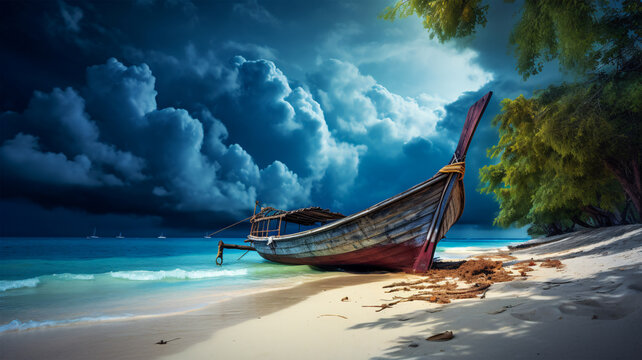 Serene Beachscape: Boat Resting by the Water's Edge, Generative AI