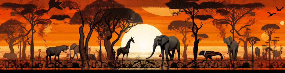 Stunning Sunset Silhouette of Elephants and Giraffes in a Field, Generative AI