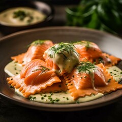 Salmon fillet with dill and cream sauce on a plate