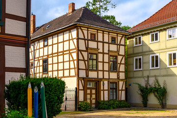 View of the facade of a historic building in Salzwedel, Germany.