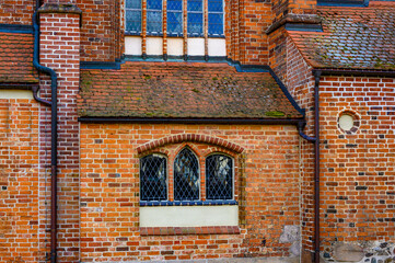View to the brick facade of a historic church in Salzwedel, Germany.