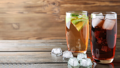 Glasses of different refreshing soda water with ice cubes on wooden table. Space for text