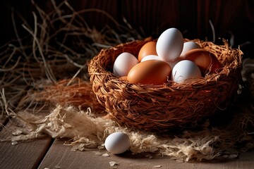 Chicken eggs in a basket on a wooden table. Selective focus