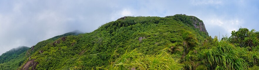 Fototapeta na wymiar Large Panoramic view of troise frere mountain, Mahe Seychelles 