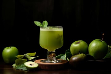 Green apple smoothie in a glass with fresh apples and leaves on a black background