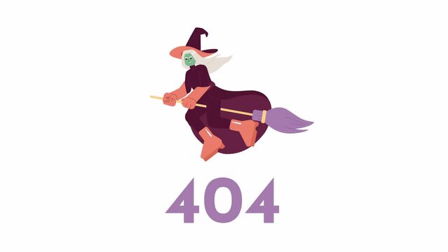 Scary witch halloween 404 error animation. Mysterious sorceress error message gif, motion graphic. Wicked witch sitting on broomstick animated character cartoon 4K video isolated on white background
