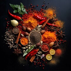 Spices and herbs on a black background. Food and cuisine ingredients
